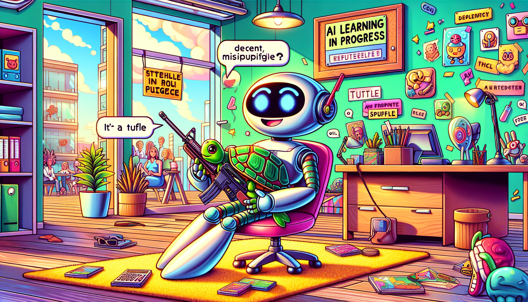 A colorful and whimsical illustration depicting a humorous AI fail.