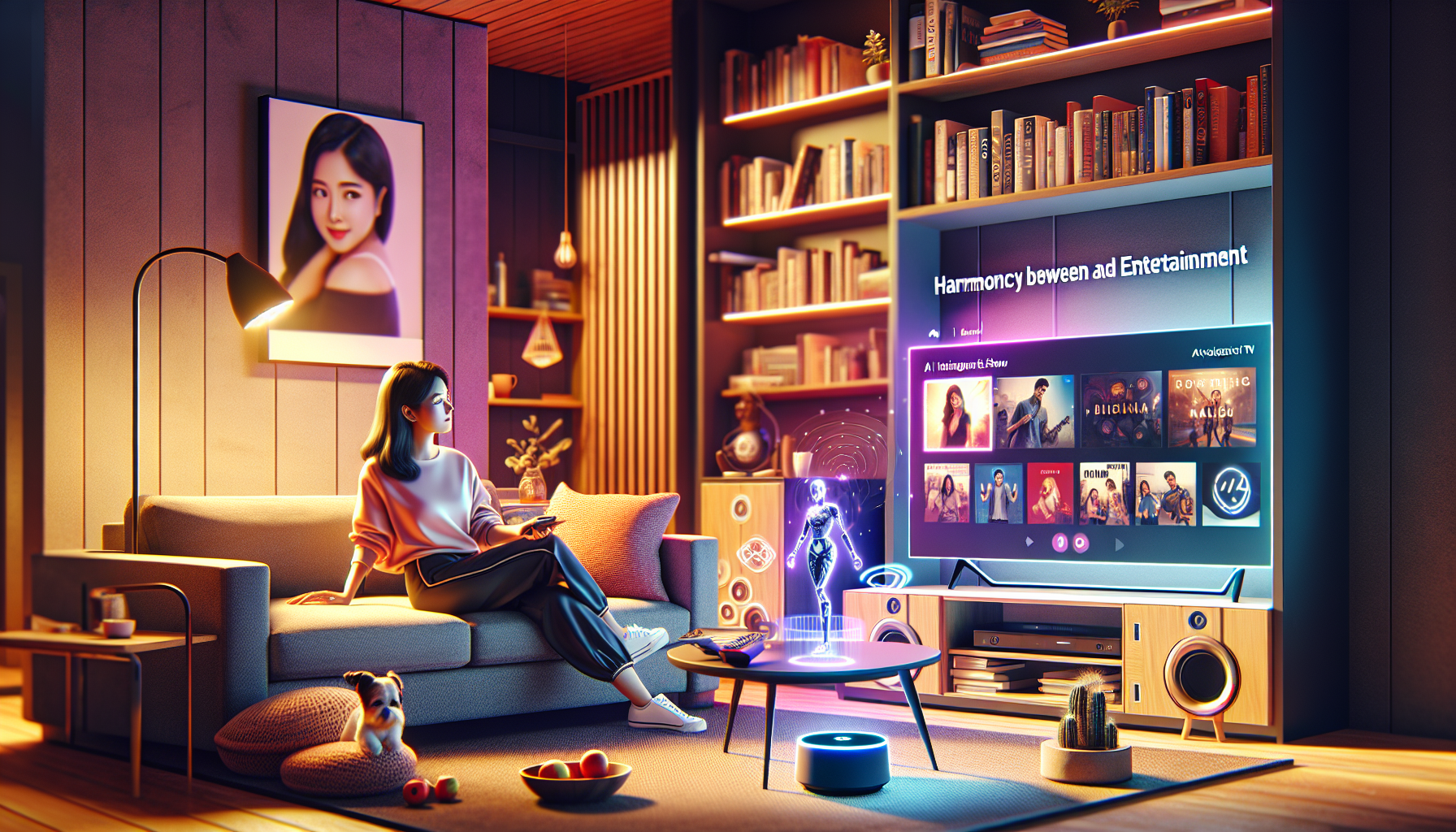 A vibrant, energetic scene showing a living room enhanced by AI technologies.