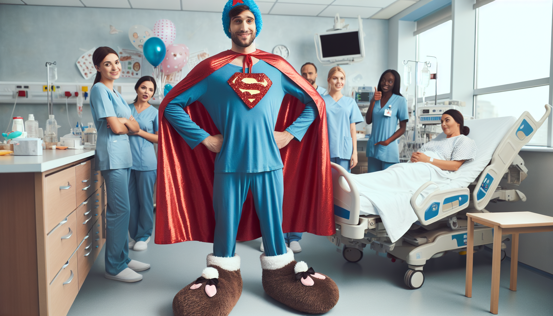 A lively hospital room where a nurse is fashioning a playful 'crown' out of medical supplies, like gloves and bandages, for a young patient who is celebrating a milestone.