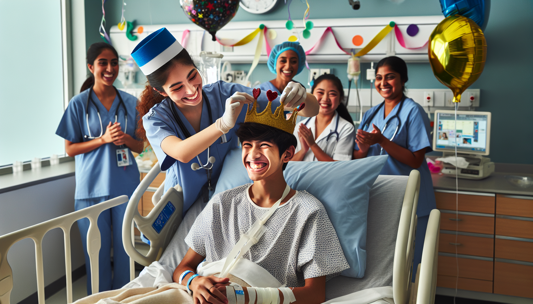 A humorous hospital scene featuring a confident patient wearing an extravagant superhero cape and fuzzy slippers, surrounded by amused nurses as they maintain their composure.