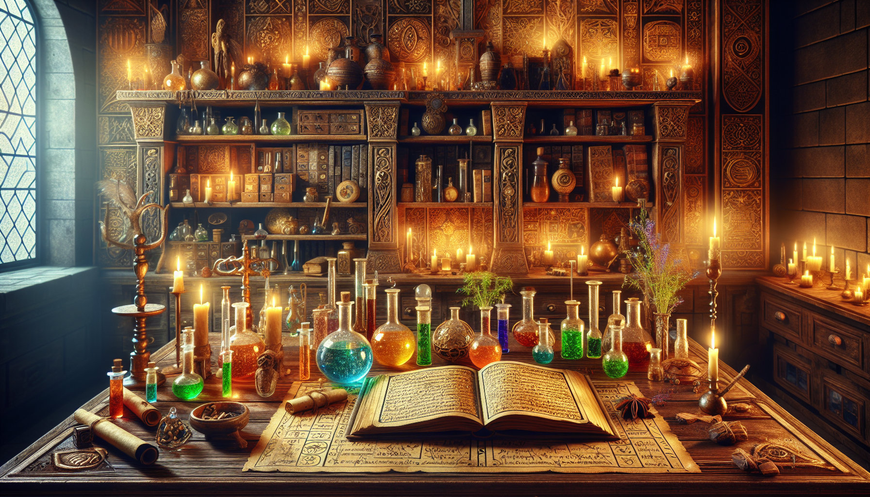 mystical alchemist's workshop filled with glowing potions