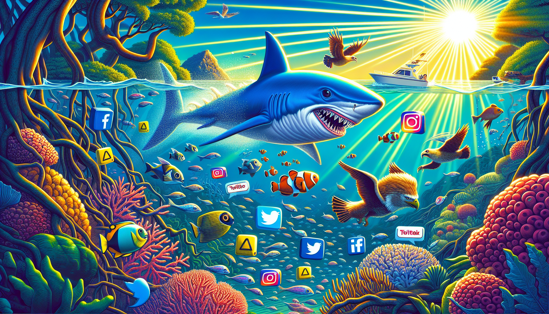 An illustrative scene depicting a digital jungle of social media icons representing different platforms.