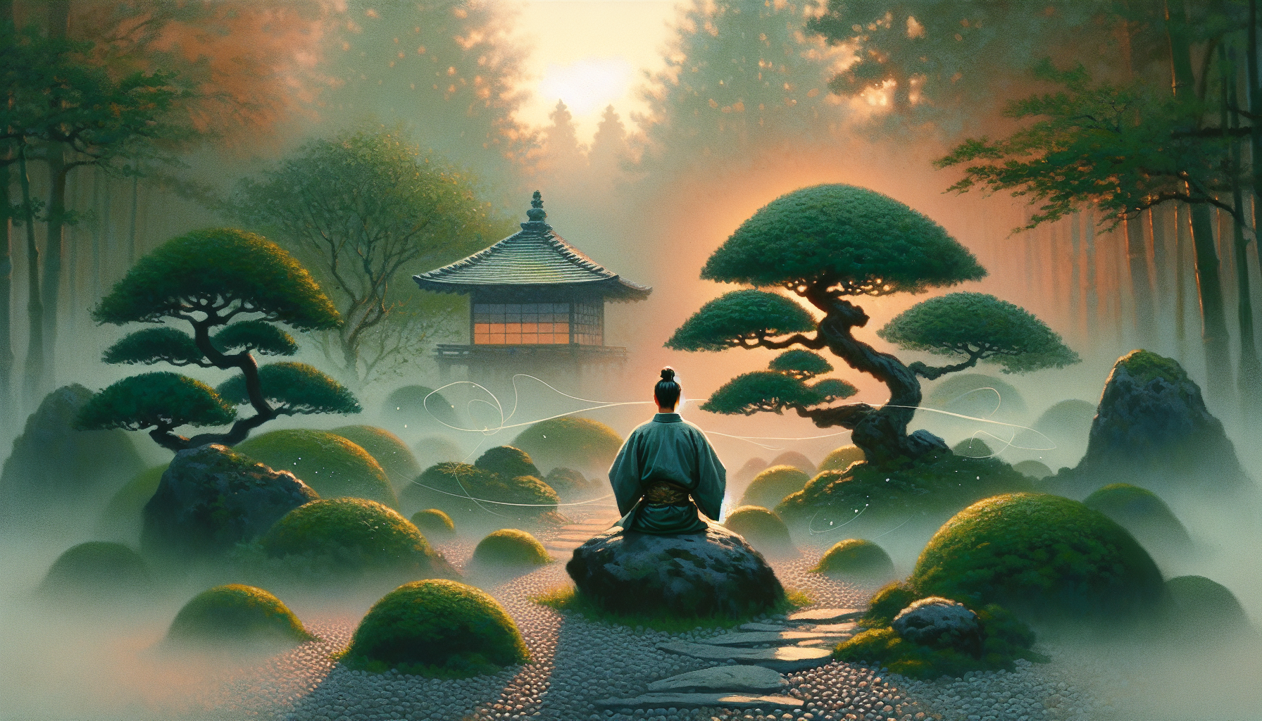 serene Japanese Zen garden at dawn with a solitary samurai meditating