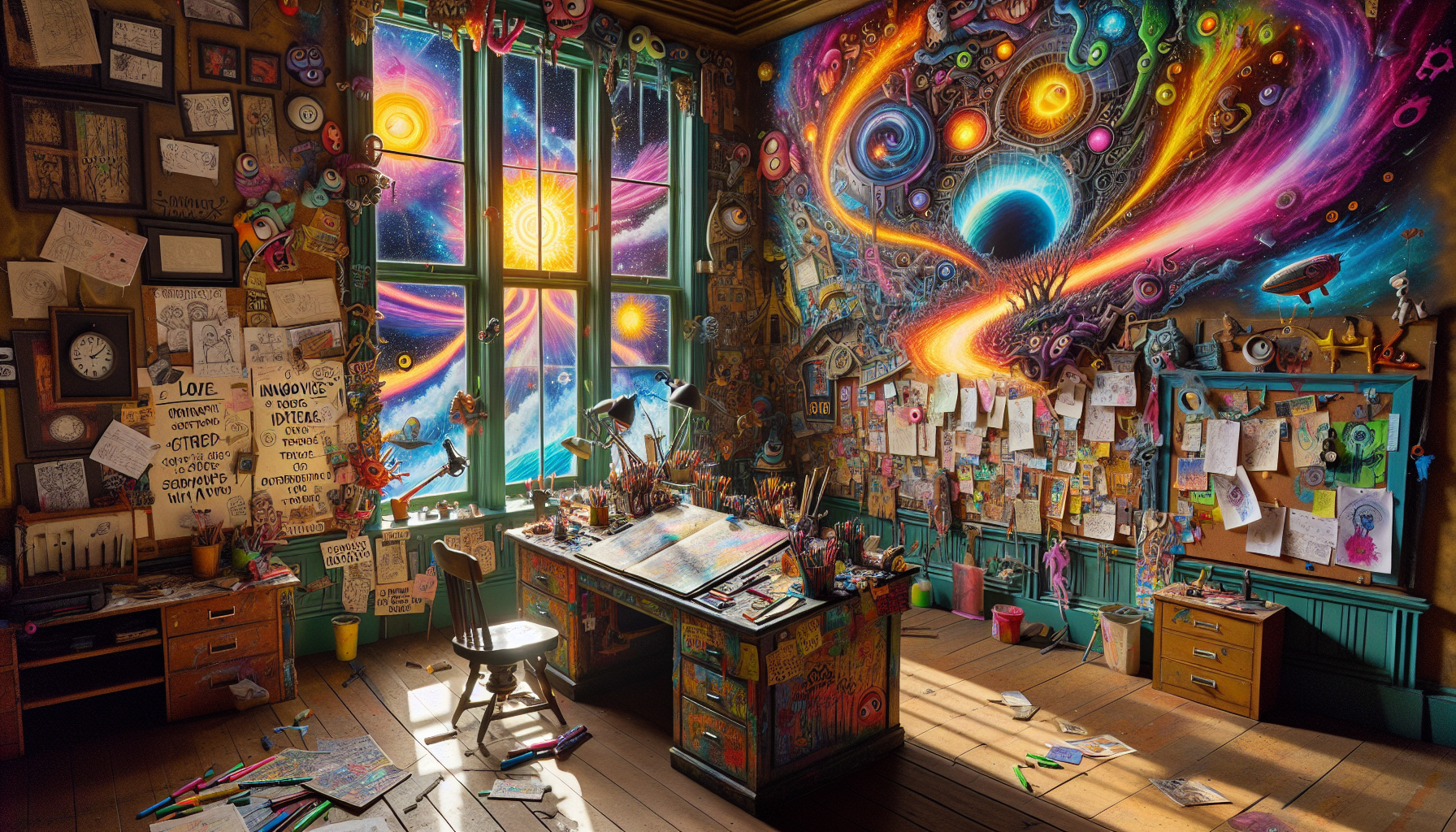 A colorful workspace filled with creative tools and ideas.