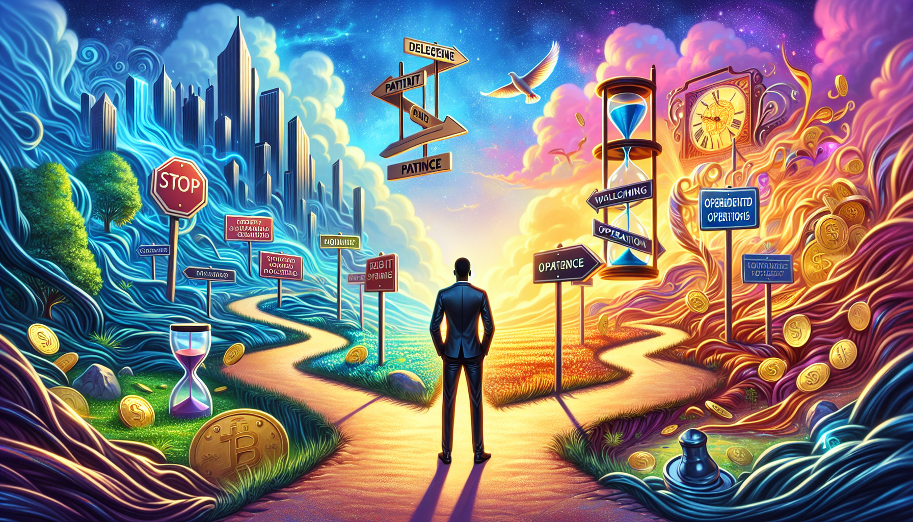 A person standing at a crossroads symbolizing financial choices with one path leading to savings and the other to growth.