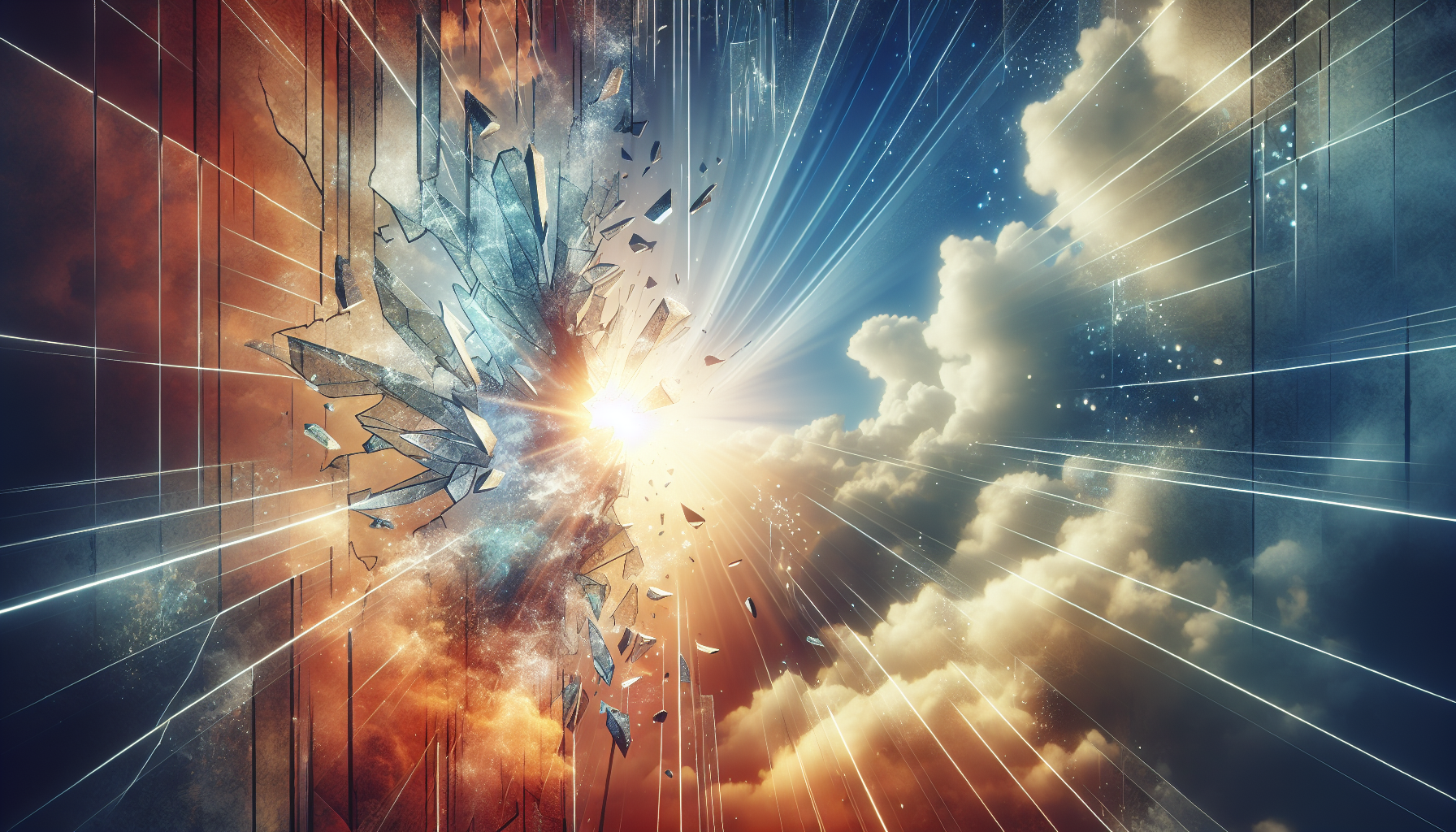 Breaking Down the Barriers: Shattered glass wall represents breaking through barriers of limiting beliefs.