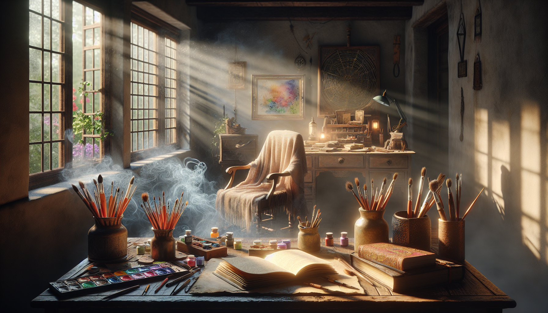 An ethereal workspace for shadow integration, showing a rustic wooden desk with an open journal and art supplies. A cozy armchair and a serene garden visible outside the window.