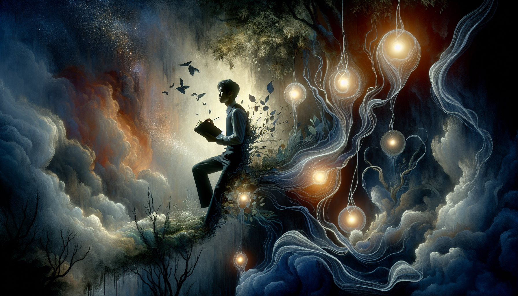 A person standing at the edge of a forest at twilight, symbolic of the journey into the unknown, illuminated by glowing orbs representing their shadows.